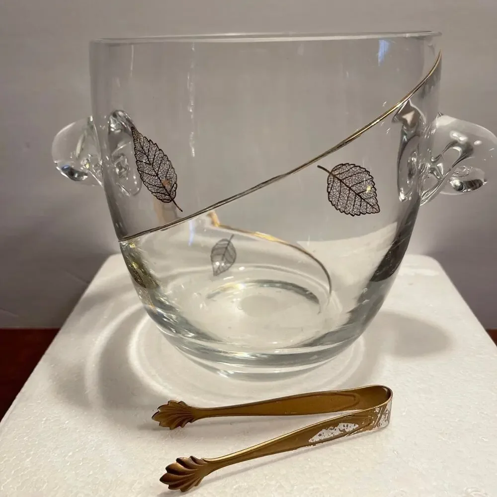 Vintage Crystal glass ice bucket gold Leaf design cocktail party